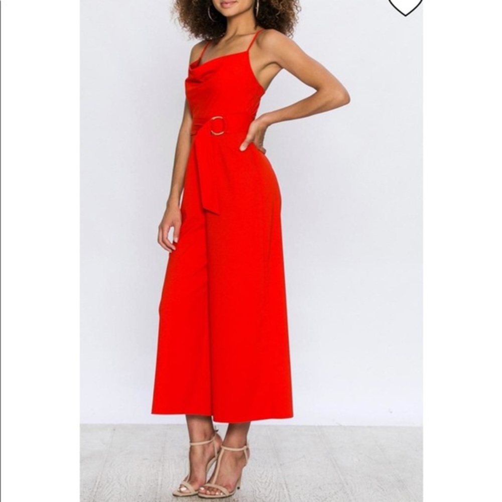 Red Sleeveless Cowl Neck Belted Jumpsuit- Size Large